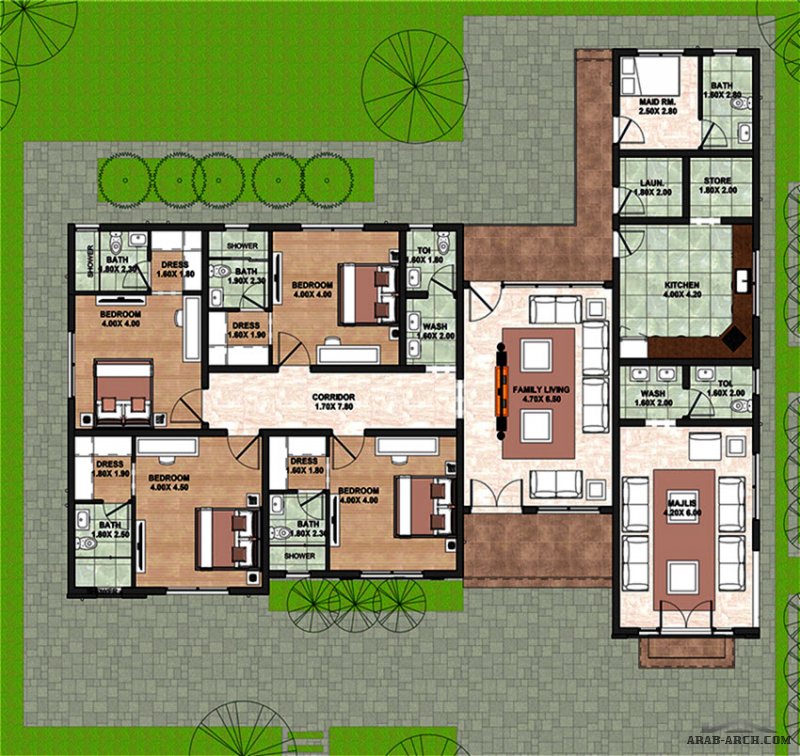 مخطط ارضي حديث تصميم خليجي غرف النوم 4 المساحة 283 متر مربع  أبعاد البيت 17.90 م x 21.70 م  من  اعمال الرؤية الذكية للإستشارات الهندسية 