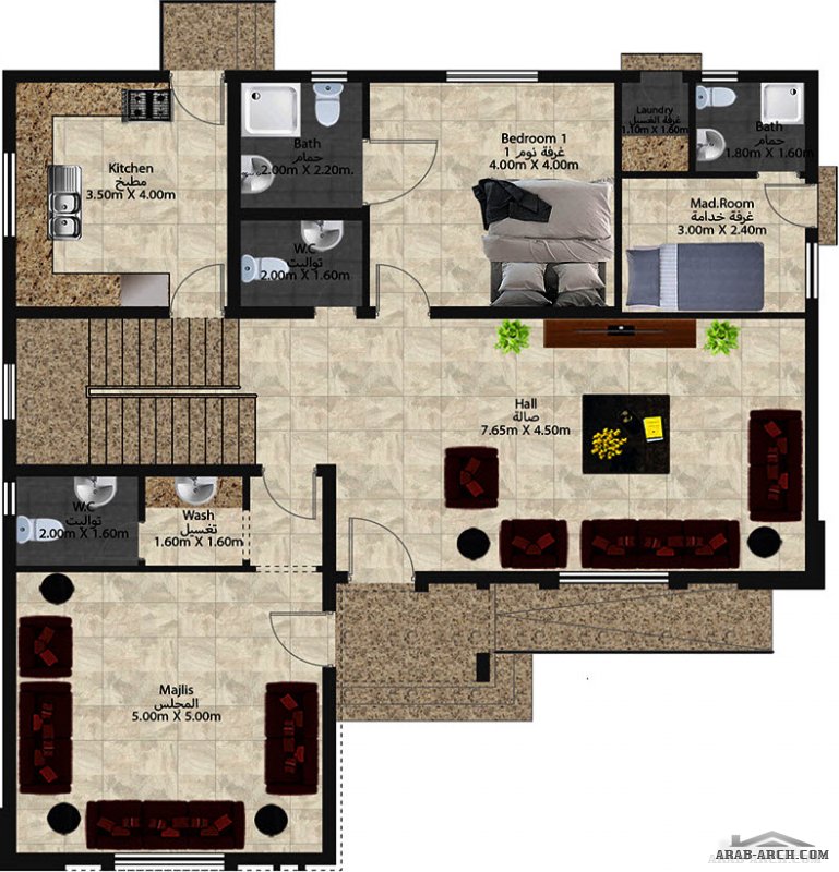 مخطط صغير المساحة خليجي غرف النوم 4 المساحة 280 متر مربع  أرضي - أول أبعاد البيت 13.20 م x 14.20 م  من اعمال  الأندلس للإستشارات الهندسية