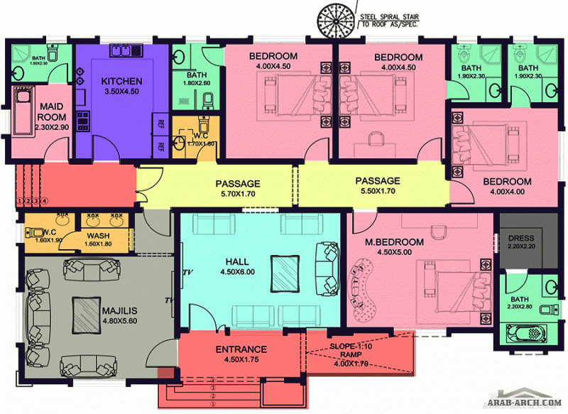 مسكن ارضي غرف النوم 4 المساحة 260 متر مربع  أبعاد البيت 13.50 م x 20.80 م من اعمال  كيان للاستشارات الهندسية 