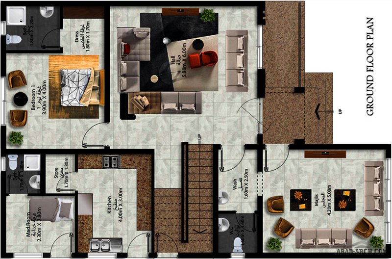مسكن طابقين غرف النوم 5 المساحة 294 متر مربع  أبعاد البيت 10.40 م x 15.80 م  صمم بواسطة الأندلس للإستشارات الهندسية