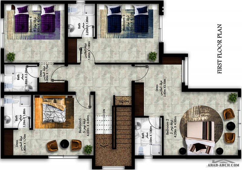 مسكن طابقين غرف النوم 5 المساحة 294 متر مربع  أبعاد البيت 10.40 م x 15.80 م  صمم بواسطة الأندلس للإستشارات الهندسية