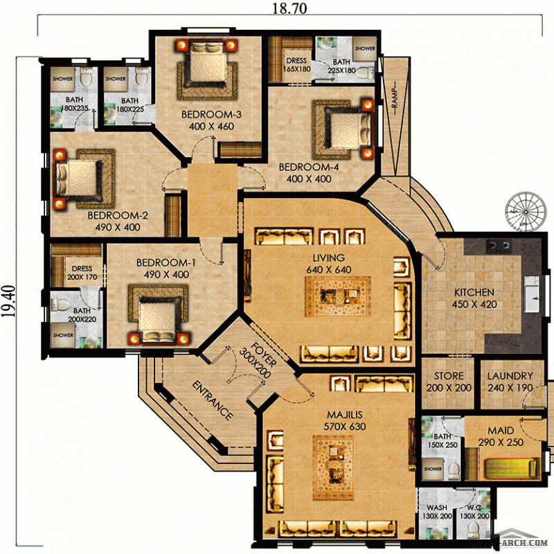 مخطط مسكن طابق واحد غرف النوم 4 المساحة 264 متر مربع  أبعاد البيت 19.40 م x 18.70 م  صمم بواسطة الابتكار المميز للاستشارات الهندسية