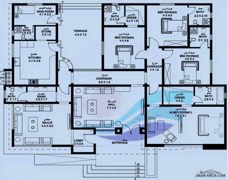 مخطط لطابق واحد 4 غرف النوم   المساحة 302 متر مربع صمم بواسطة الدانة العربية للاستشارات الهندسية 