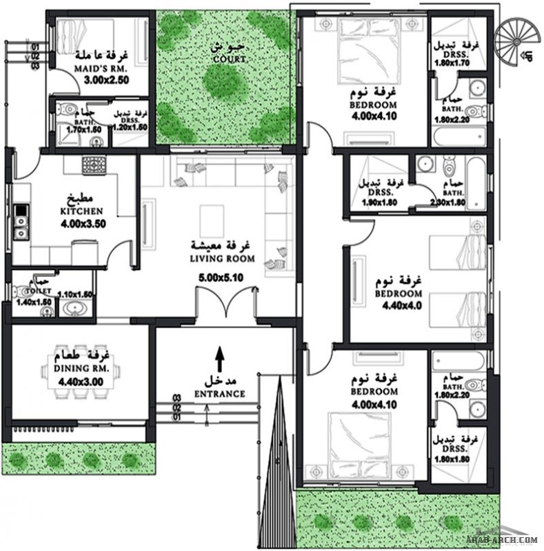 مخطط ارضي بحديقة داخلية 3 غرف نوم المساحة 180 متر مربع أبعاد البيت 15.80 م x 15.30 م  صمم بواسطة الاستثمار للاستشارات الهندسية