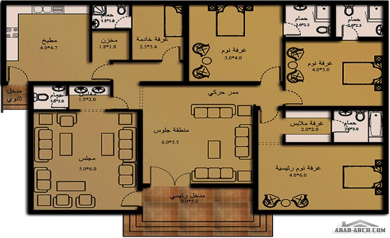مخطط ارضي غرف النوم 3 المساحة 245 متر مربع 18.70 م x 14.30 م  صمم بواسطة شركة الحمراء للاستشارات الهندسية