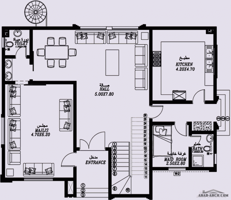 مخطط طابقين غرف النوم 4 المساحة 304.60 متر مربع  14.70 م x 10.20 م  صمم بواسطة دار التعمير للإستشارات الهندسية (داتك)