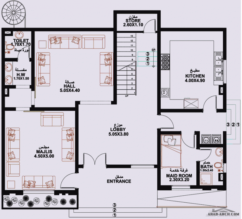 مخطط طابقين غرف النوم 4 المساحة 302 متر مربع  14.35 م x 10.50 م  صمم بواسطة دار التعمير للإستشارات الهندسية (داتك)