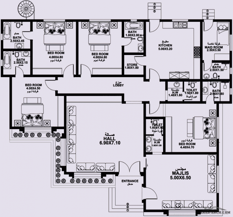 مخطط فيلا ارضية غرف النوم 4 المساحة 300.60 متر مربع  21.20 م x 17.40 م  صمم بواسطة دار التعمير للإستشارات الهندسية (داتك)
