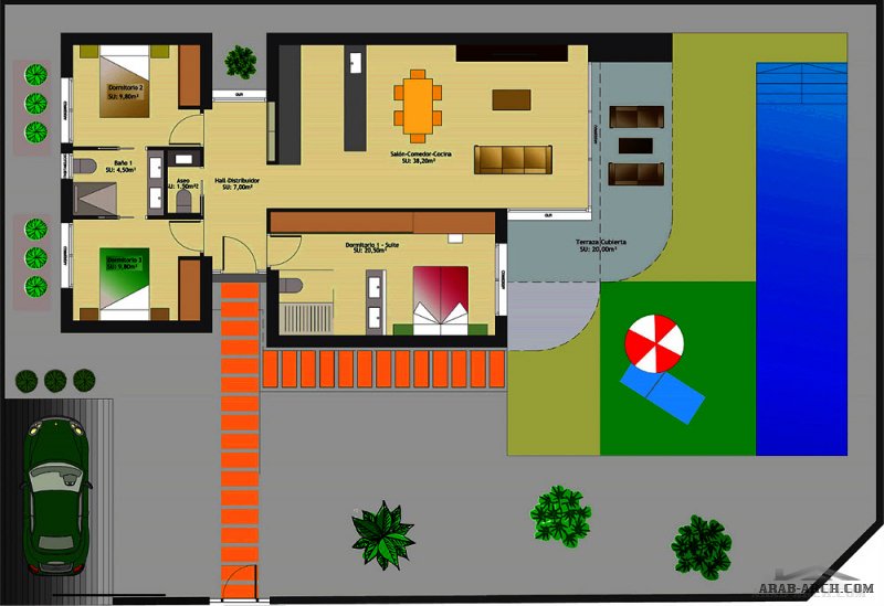 مخطط شاليه استراحة مساحة البناء 110 m²  مع امكانية تعديل الغرفة الرئيسية