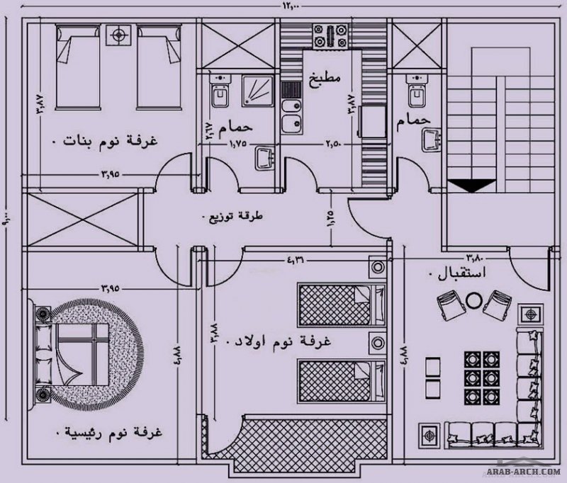مخطط ادوار متكررة تصميم شقة واحدة ابعاد 9*12 متر من اعمال مكتب اجيال الهندسي