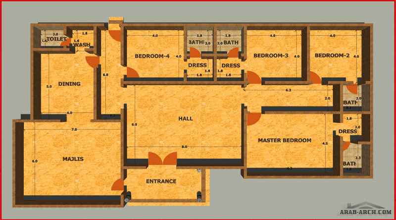 مخطط   أرضي  غرف النوم 4 المساحة 285.74 متر مربع  أبعاد البيت 24 م   صمم بواسطة الرايه للاستشارات الهندسيه