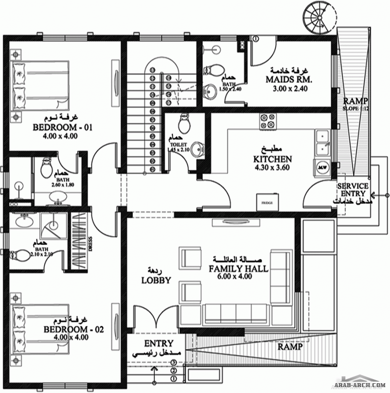 مخطط طابقين غرف النوم 5 المساحة 260 متر مربع  أبعاد البيت 11.90 م x 12.80 م   صمم بواسطة أميسا للاستشارات الهندسية 