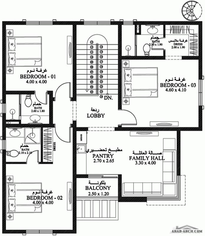 مخطط طابقين غرف النوم 5 المساحة 260 متر مربع  أبعاد البيت 11.90 م x 12.80 م   صمم بواسطة أميسا للاستشارات الهندسية 