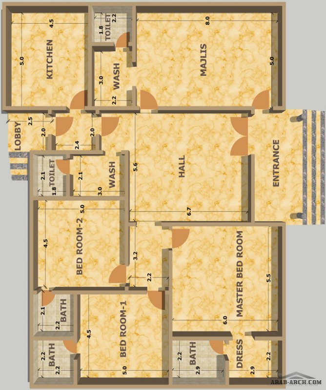 مخطط ارضي غرف النوم 3 المساحة 288.78 متر مربع ع أبعاد  19.30 م x 15.50 م  صمم بواسطة الرايه للاستشارات الهندسيه