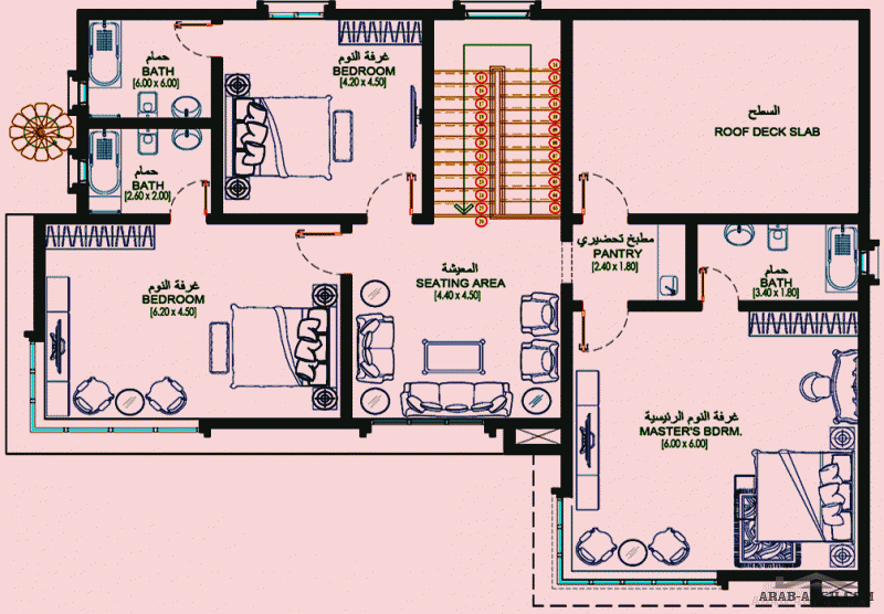 مخطط طابقين غرف النوم 4 المساحة 337 متر مربع  أبعاد  13.70 م x 17.40 م  صمم بواسطة دار العمارة للاستشارات الهندسية