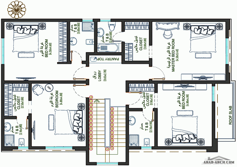 مخطط فيلا دورين  غرف النوم 4 المساحة 330.50 متر مربع  أبعاد  11.10 م x 17.10 م  صمم بواسطة دار العمارة للاستشارات الهندسية 