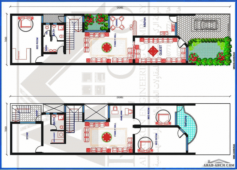 تصميم مخططات 2D لمنزل  بمساحة 210 متر مربع ،  بأبعاد ( 30*7 ) ، طابقين + بيت الدرج ( البيتونة )  من أعمال شركة اريكو للمقاولات العامة