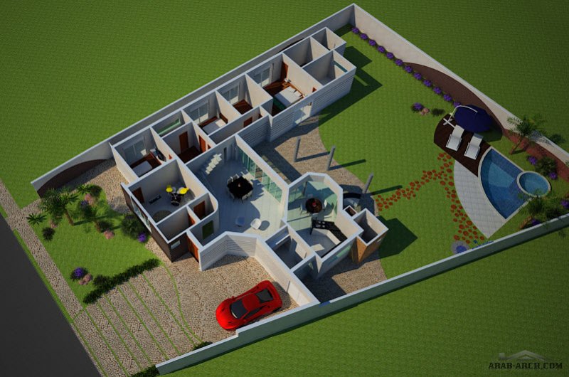 مخطط استراحة عائلة بحديقة و حمام سباحة مخطط 3D