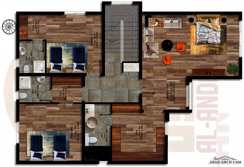 مخطط  4 غرف نوم  المساحة 294 متر مربع 10.40 م x 15.80 م  صمم بواسطة الأندلس للإستشارات الهندسية