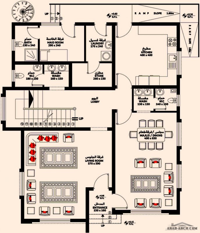 مخطط طابقين مودرن 4 غرف نوم مساحة 278 متر مربع  14 م x 11.50 م  صمم بواسطة العمارة العربية للاستشارات الهندسيه 