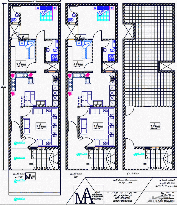 تصميم مخطط ل 3 شقق سكنية في محافظة بغداد  بابعاد 6.25m * 20m مكتب ارض بابل للتصاميم المعمارية و الاستشارات الهندسية 