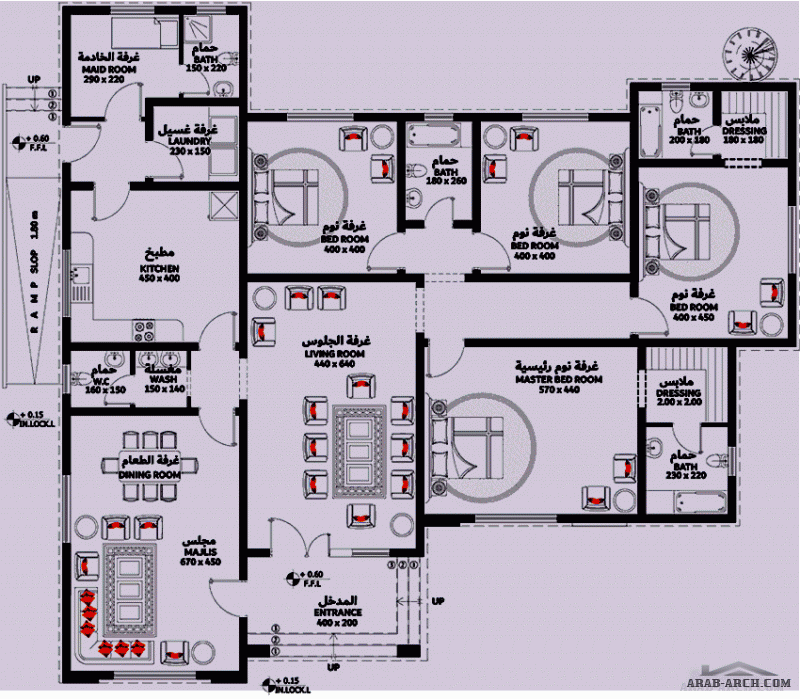 مخطط ارضي 5 غرف نوم - 283.40 متر مربع  أبعاد البيت 19.50 م x 17.20 م  صمم بواسطة العمارة العربية للاستشارات الهندسيه 