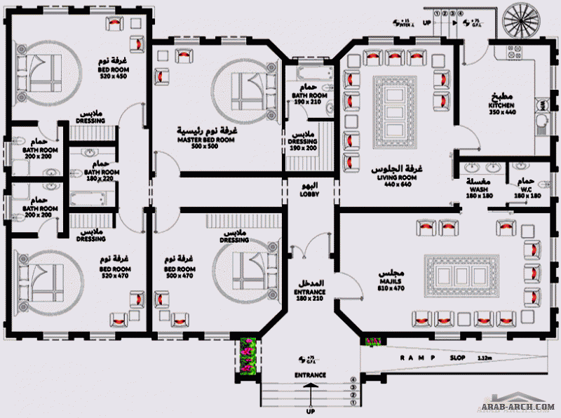 مخطط ارضي رائع 4 غرف نوم مساحة 267 م2  أبعاد البيت 21.10 م x 11.70 م  صمم بواسطة العمارة العربية للاستشارات الهندسيه