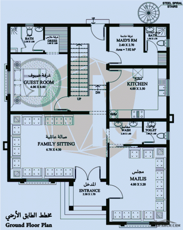 مخطط فيلا طابقين 5 غرف نوم المساحة 275 متر مربع  صمم بواسطة الماسه للاستشارات الهندسيةأبعاد البيت 14 م x 11.30 م  