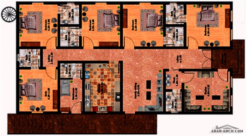 مخطط ارضى غرف النوم 5 المساحة 234 متر مربع  20.80 م x 10.50 م صمم بواسطة الرؤية المتكاملة للاستشارات الهندسية