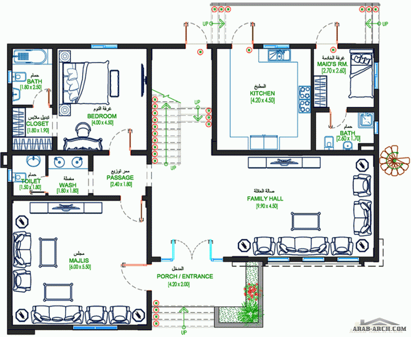 مخطط طابقين غرف النوم 4 المساحة 326 متر مربع  أبعاد البيت 16.50 م x 12.60 م  صمم بواسطة دار العمارة للاستشارات الهندسية
