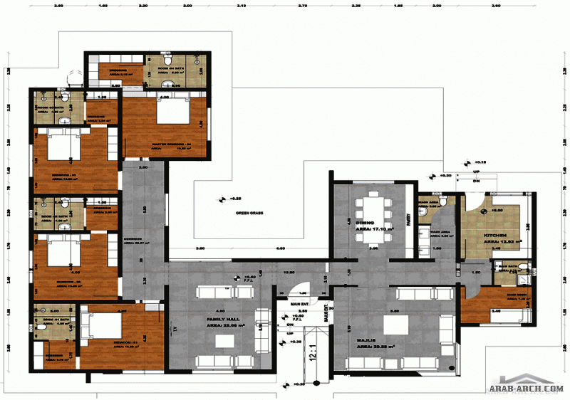 مخطط ارضى غرف النوم 4 المساحة 275 م2  أبعاد  23.80 م x 19.40 م حديقة داخلية  صمم بواسطة أوركيد للاستشارات الهندسية