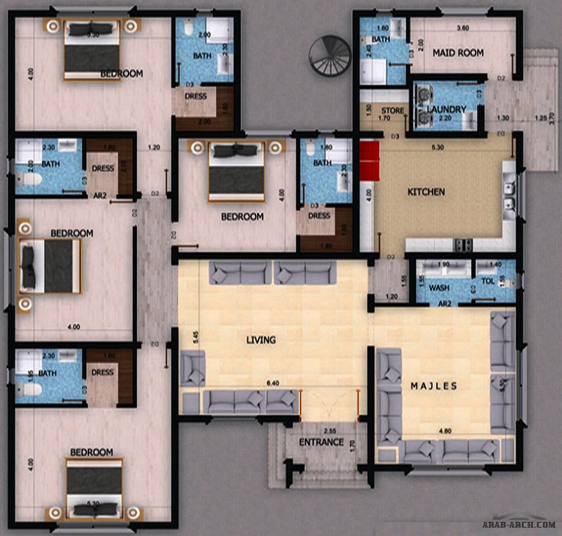 مخطط دور ارضى 4 غرف النوم  المساحة 265.34 متر مربع   أبعاد البيت 17.30 م x 17.95 م  صمم بواسطة بيوت للاستشارات الهندسية