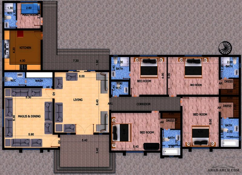 مخطط ارضى 4 غرف نوم  المساحة 268.82 متر مربع  أبعاد  25.90 م x 15.70 م  صمم بواسطة بيوت للاستشارات الهندسية