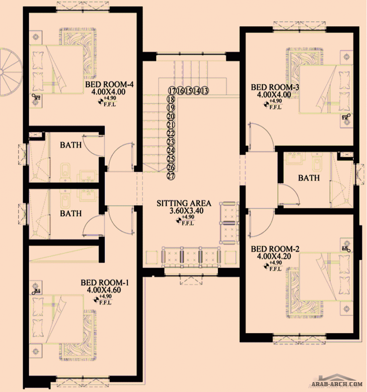 من تصمم  نيكسـت لإلستشـارات الهندسـية رف النوم 4 المساحة 269 متر مربع عدد الطوابق أرضي - أول أبعاد البيت 12.40 م x 13.10 م