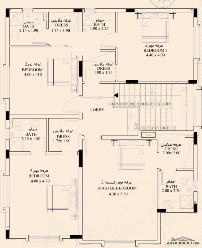 من تصمم  الليوان للاستشارات الهندسية فيلا غرف النوم 5 المساحة 289 متر مربع  أرضي - أول أبعاد البيت 13.20 م x 11.03 م