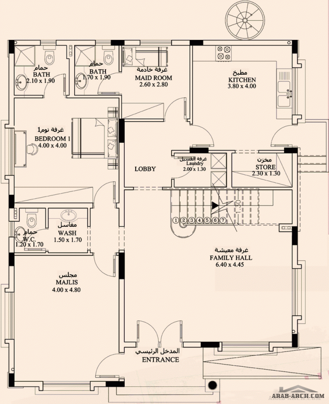 من تصمم  الليوان للاستشارات الهندسية فيلا غرف النوم 5 المساحة 289 متر مربع  أرضي - أول أبعاد البيت 13.20 م x 11.03 م