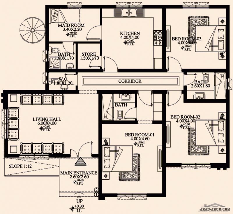 مخطط ارضى غرف النوم 3 المساحة 146.84 متر مربع صمم بواسطة نيكسـت لإلستشـارات الهندسـية