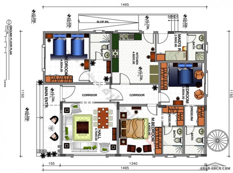 غرف النوم 3 المساحة 171.93 متر مربع عدد الطوابق أرضي أبعاد البيت 11.50 م x 14.95 م  أفاق العمارة للاستشارات الهندسية