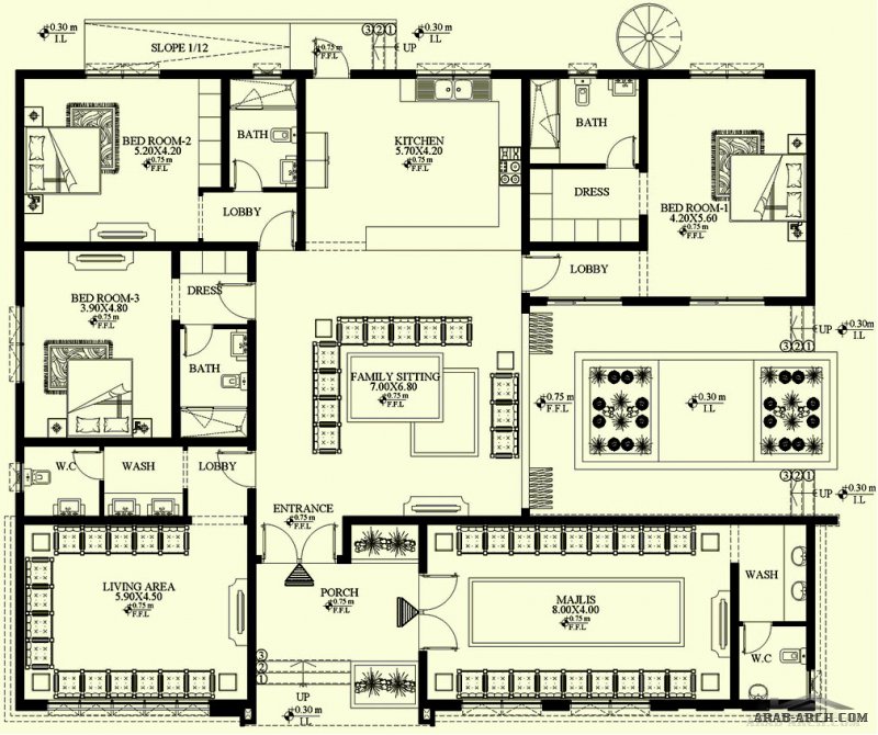 غرف النوم 3 المساحة 300 متر مربع عدد الطوابق أرضي أبعاد البيت 21 م x 16.35 م  نيكسـت لإلستشـارات الهندسـية