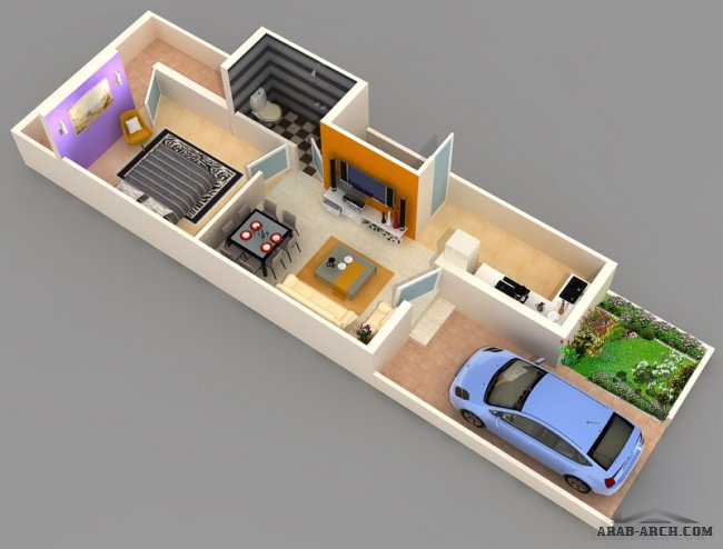مخطط بيت دور واحد - مساحه 50  متر مربع غرفة نوم واحه