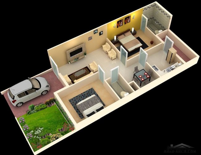 خريطة بيت صغير المساحه دور واحد 72 متر مربع - 2 غرفة نوم