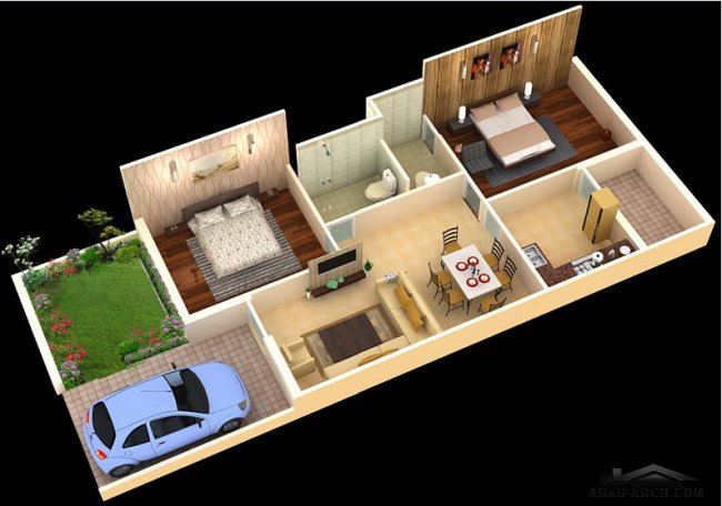 خريطة بيت صغير المساحه دور واحد 72 متر مربع - 2 غرفة نوم