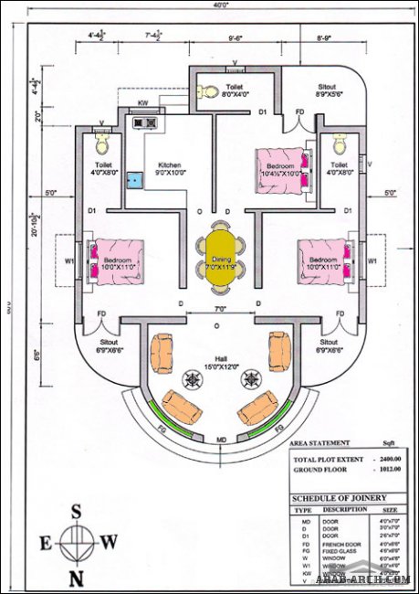 خريطة بيت فيلا دور واحد - 3 غرف نوم ماستر مساحه المبنى 94 متر مربع