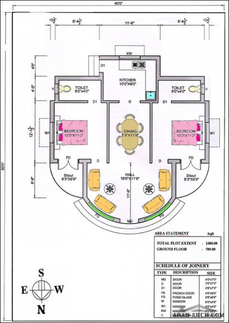 مخطط بيت فيلا 2 غرفة نوم ماستر - طابق واحد مساحه المبنى  73.5 متر مربع