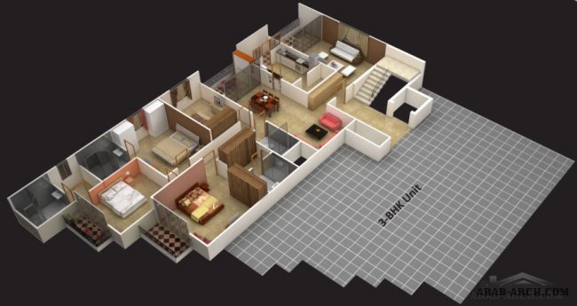 مخطط عمارة سكنية على شقتين 3 غرف و 4  غرف