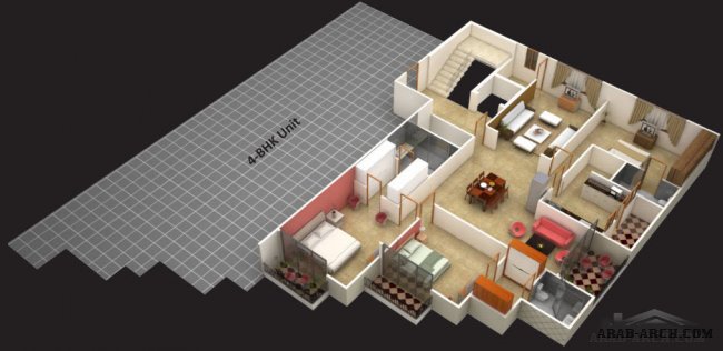 مخطط عمارة سكنية على شقتين 3 غرف و 4  غرف