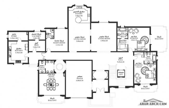 مخطط الفيلا 7 غرف 1,042 متر مربع طابقين - سكن
