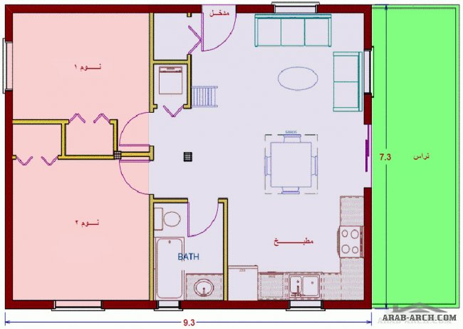 مخطط بيت طابق واحد 100 متر مربع - غرفتين نوم