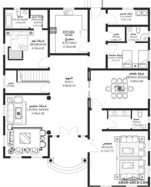 خرائط الفيلا 6 غرف نوم - أبعاد المسكن	15.45م عرضx18.95م عمق - سكن HA-04