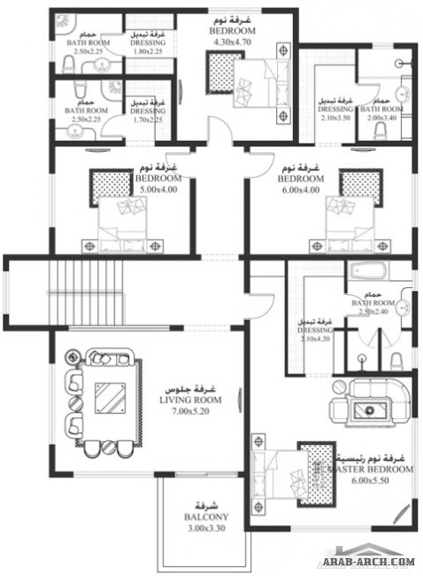 خرائط الفيلا HA-03 5 غرف نوم - أبعاد المسكن	15.30م عرضx21.70م عمق سكن